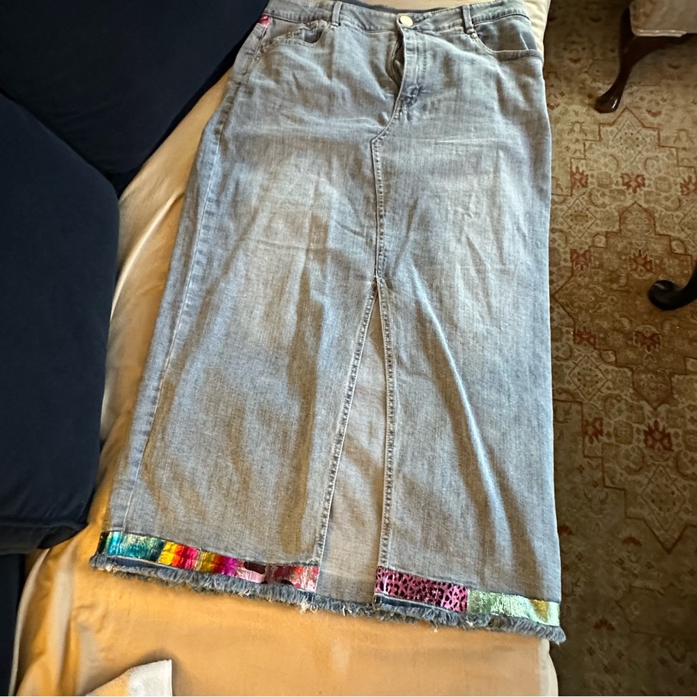 Democracy Light Blue Denim Maxi Skirt with Multicolor Patch Hem